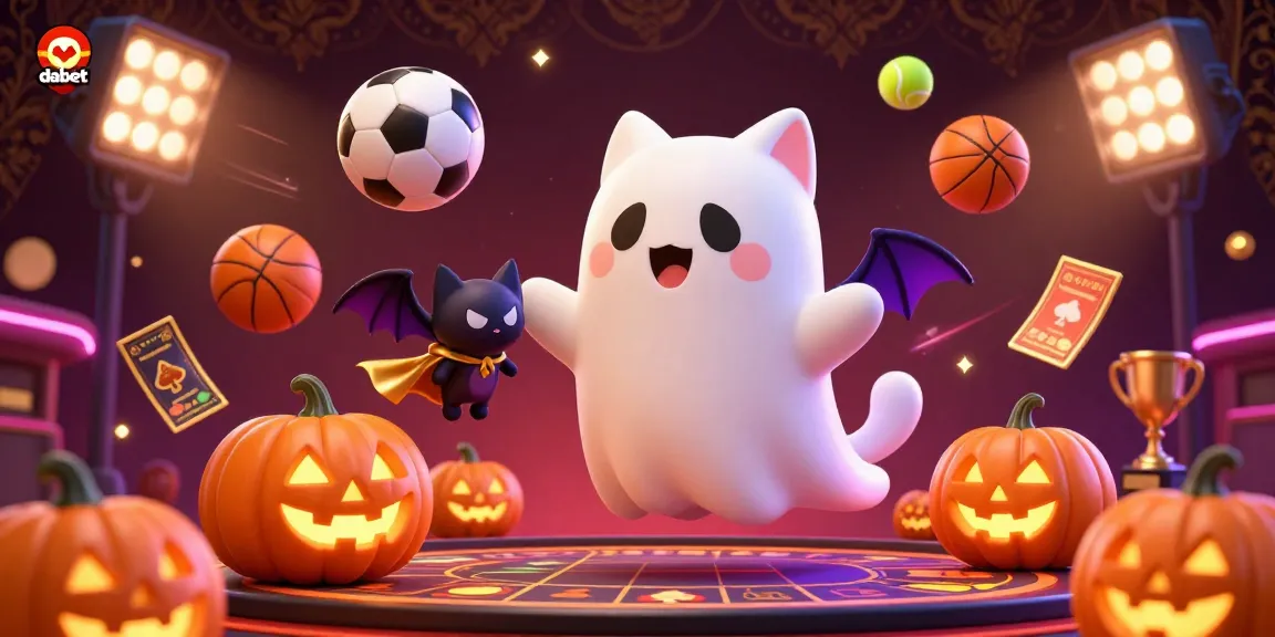 Dabet leads the online gaming scene with a ghost cat and vibrant casino elements showcasing excitement and fun.