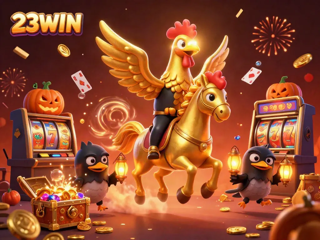Exciting image showcasing 23WIN casino elements featuring a golden rooster and dynamic gameplay elements.