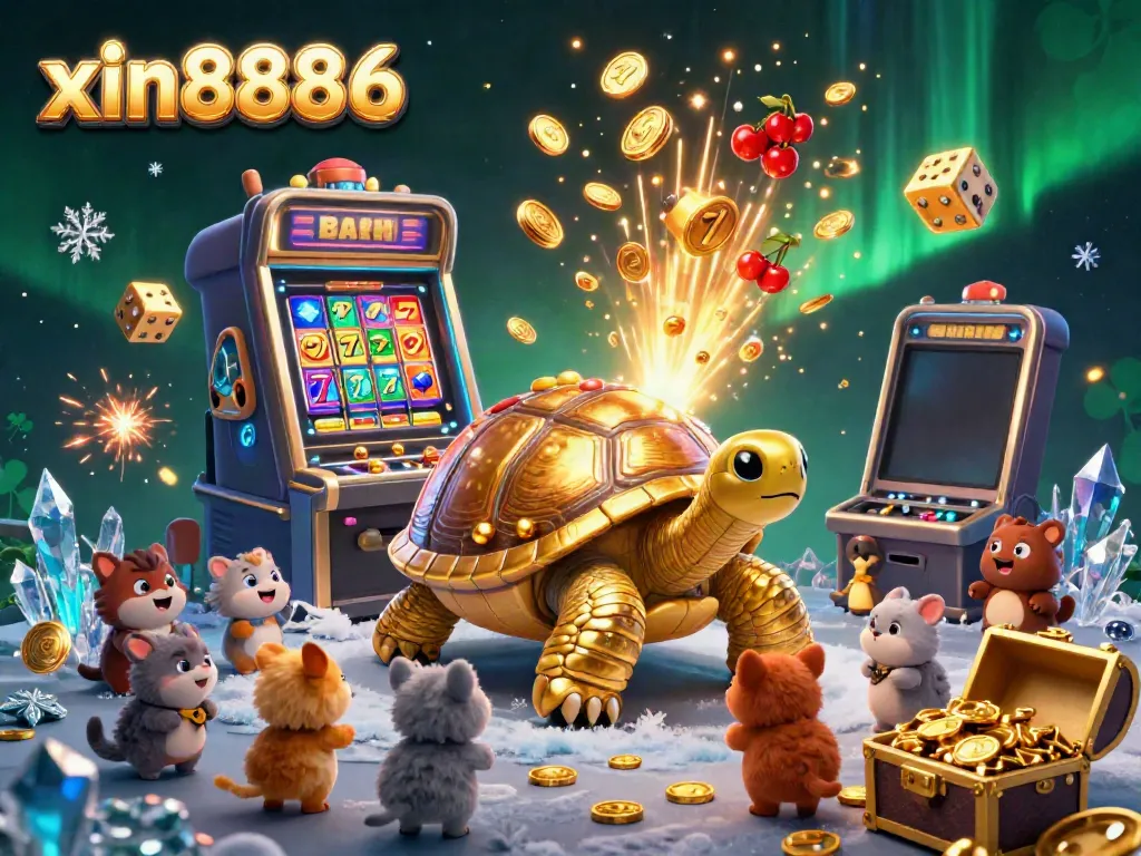 Play thrilling casino games like xin8886 with a vibrant 3D scene featuring a dynamic slot machine and joyful characters.