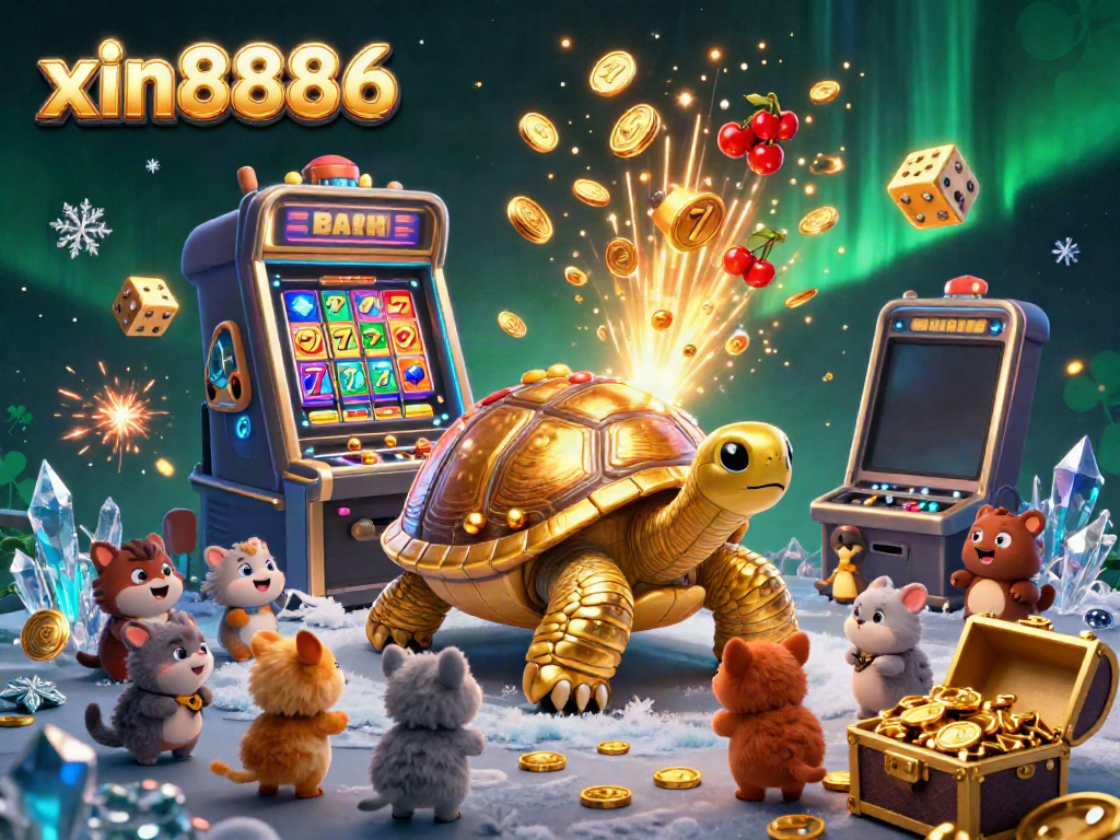 Play thrilling casino games like xin8886 with a vibrant 3D scene featuring a dynamic slot machine and joyful characters.