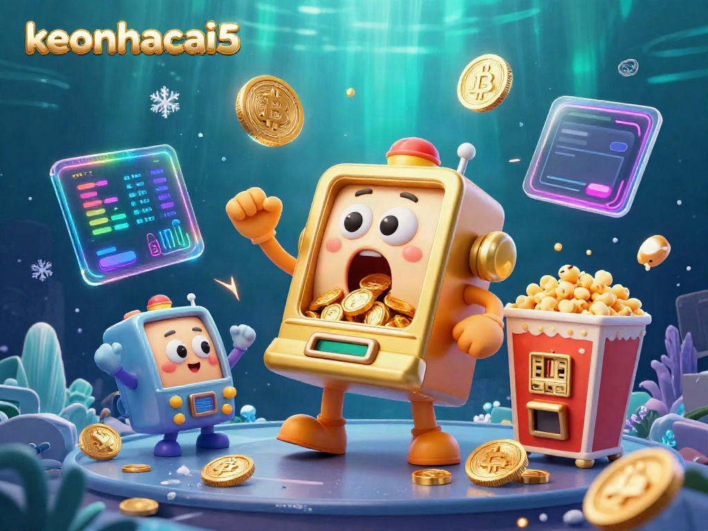 Engage with keonhacai5 as you experience a golden slot machine celebrating its jackpot, surrounded by cheering characters.