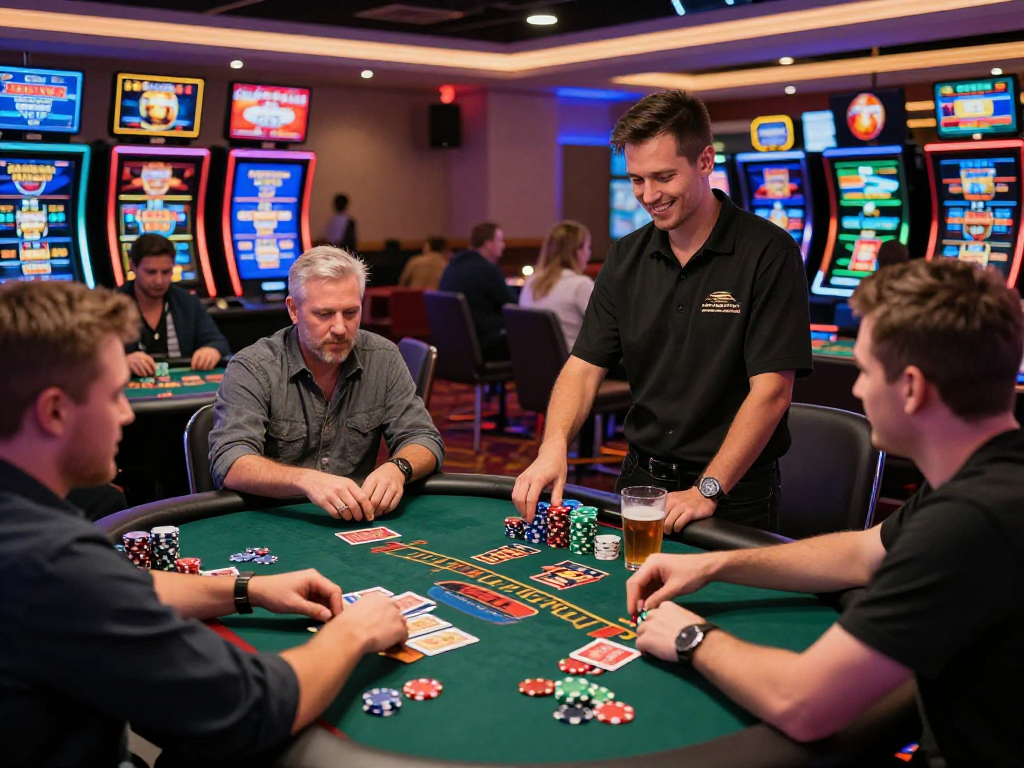 Scene vivace di un casino online non AAMS con giocatori felici e tavoli di gioco animati.