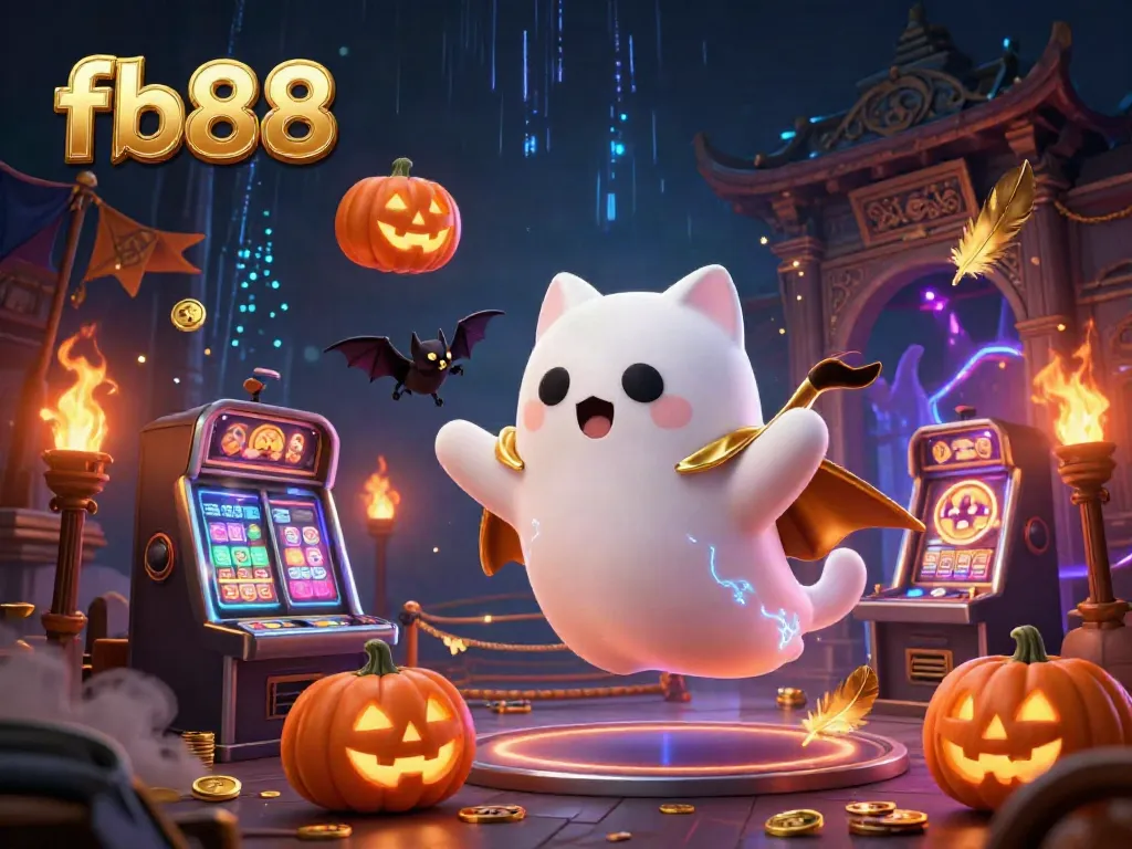 Engage with the lively fb88 atmosphere in a haunted mansion casino featuring ghostly characters and glowing poker-themed jack-o-lanterns.