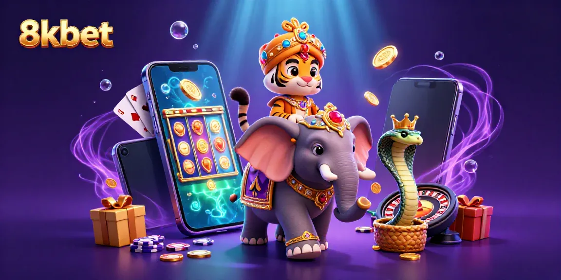 Experience the vibrant world of 8kbet with a 3D maharaja riding an elephant, surrounded by casino elements.