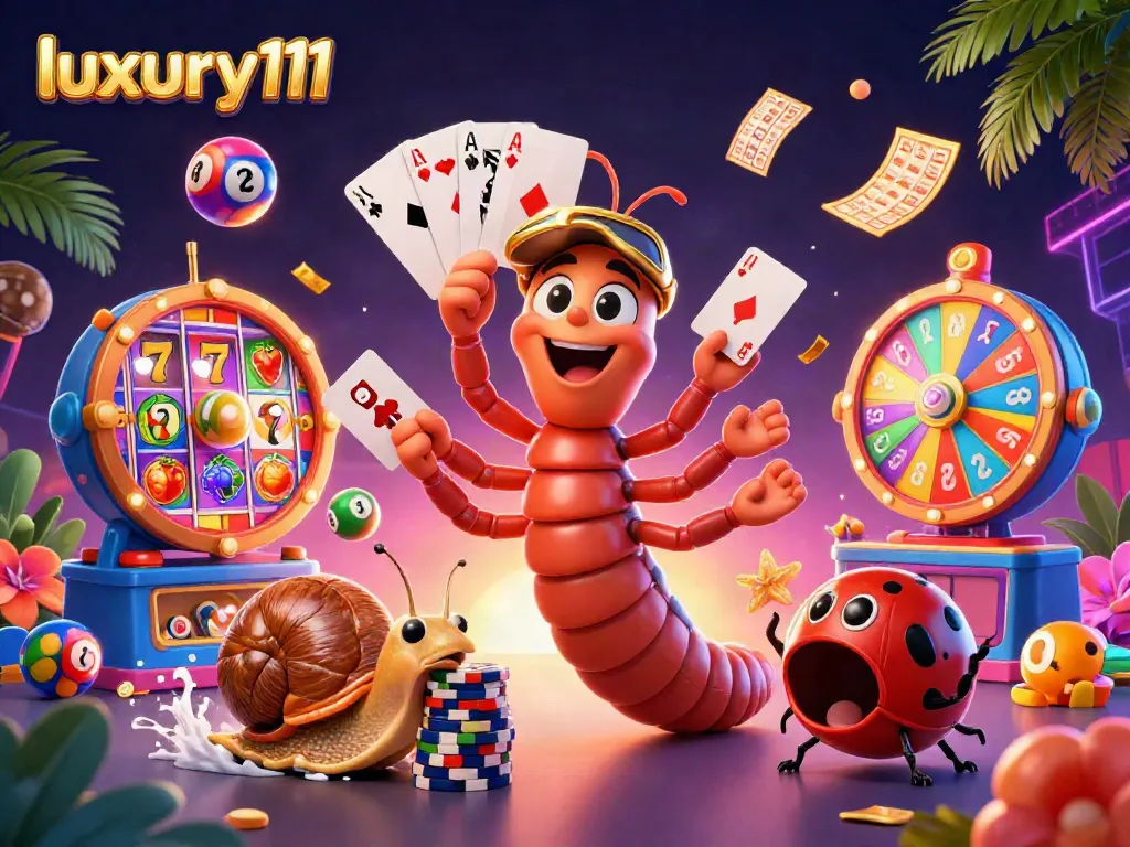 Engage in thrilling gameplay with luxury111's animated casino scene featuring vibrant slot reels and whimsical characters.