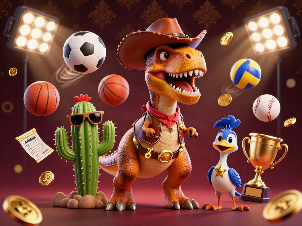 Enjoy thrilling gameplay with AE888 as a cartoon cowboy dinosaur and friends playfully interacts with sports elements.