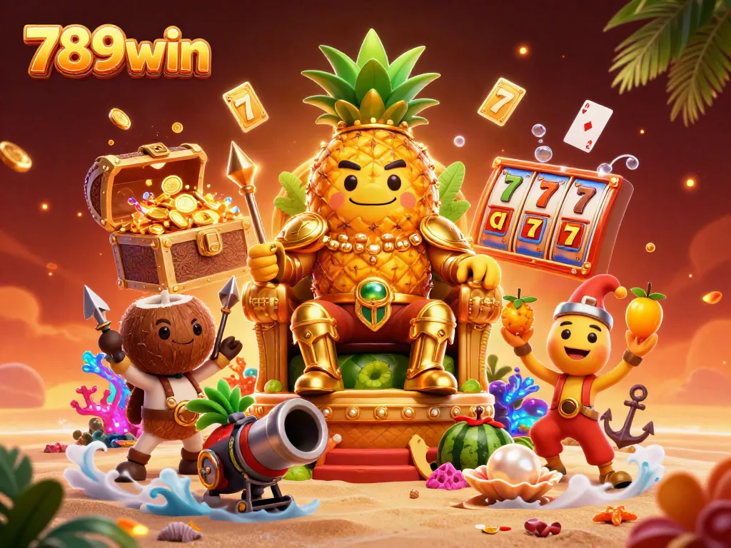 Experience the thrill of winning with 789win's vibrant scene featuring a golden pineapple king and dynamic game elements.