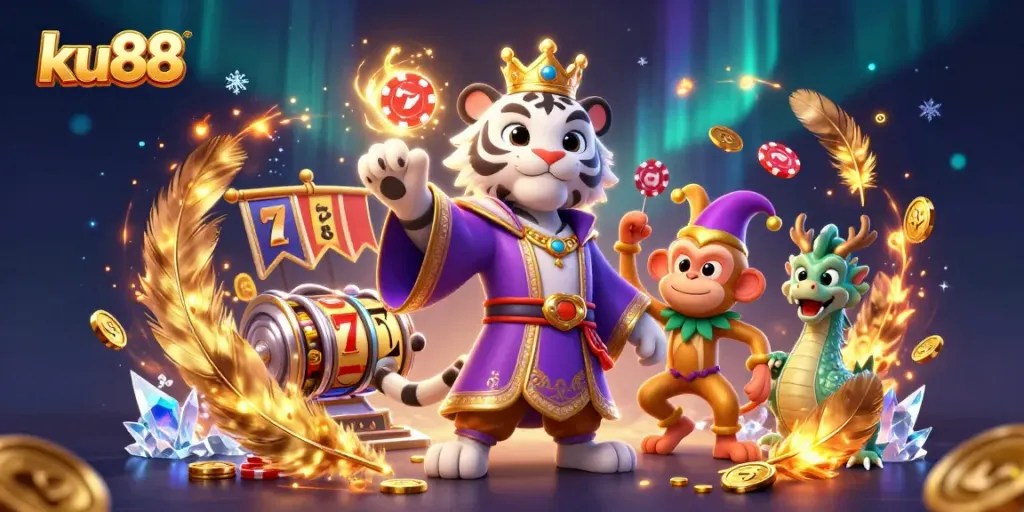 Engage with ku88's casino experience through a vibrant 3D scene featuring dynamic characters and elements.