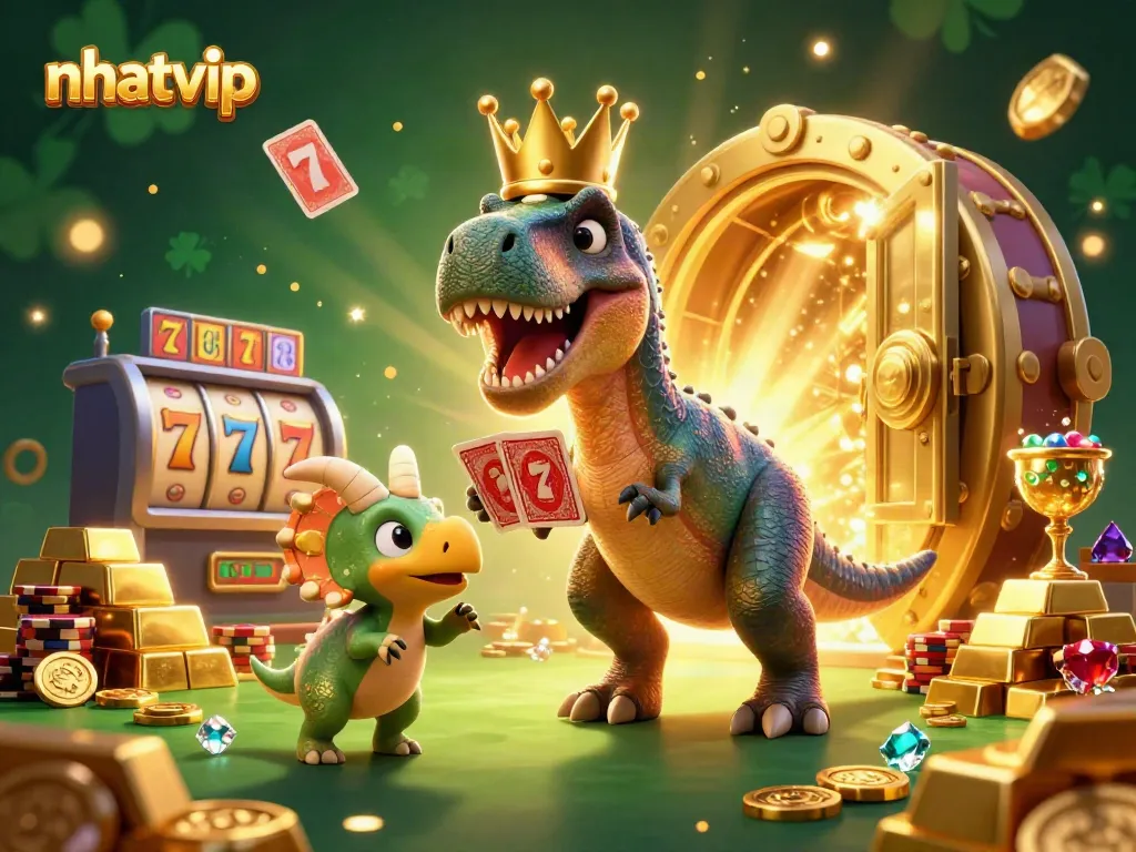 Nhatvip showcases a T-Rex and friends shuffling cards in a vibrant casino filled with treasure and lucky symbols.