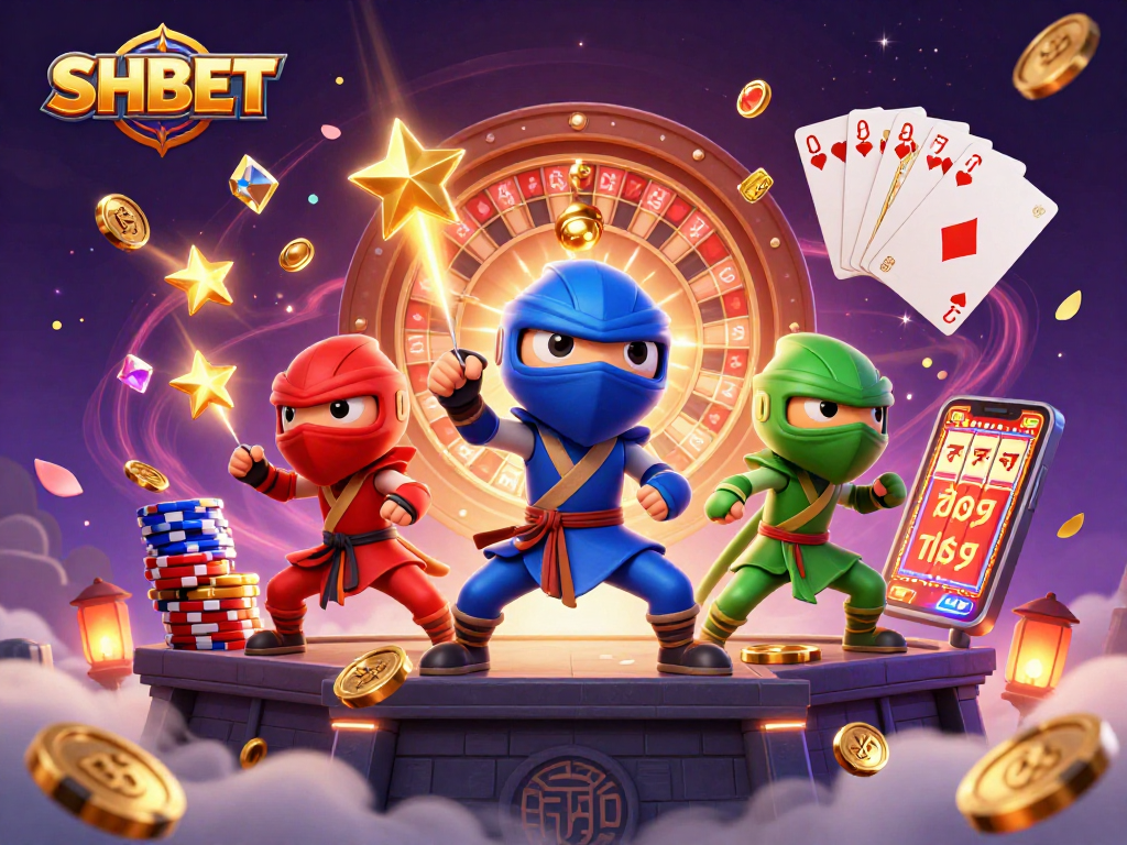 SHBET showcases a dynamic casino scene with ninja chameleons, slot reels, and rich gaming elements.