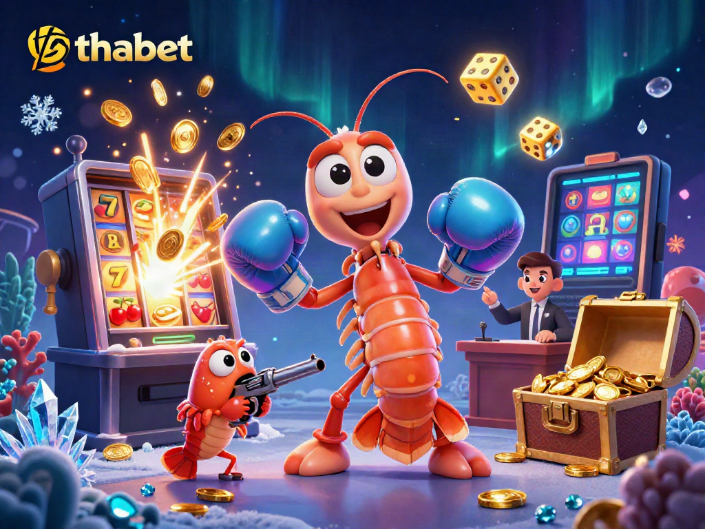 Experience thrilling gaming with thabet in a vibrant 3D casino scene featuring dynamic characters and slot machines.