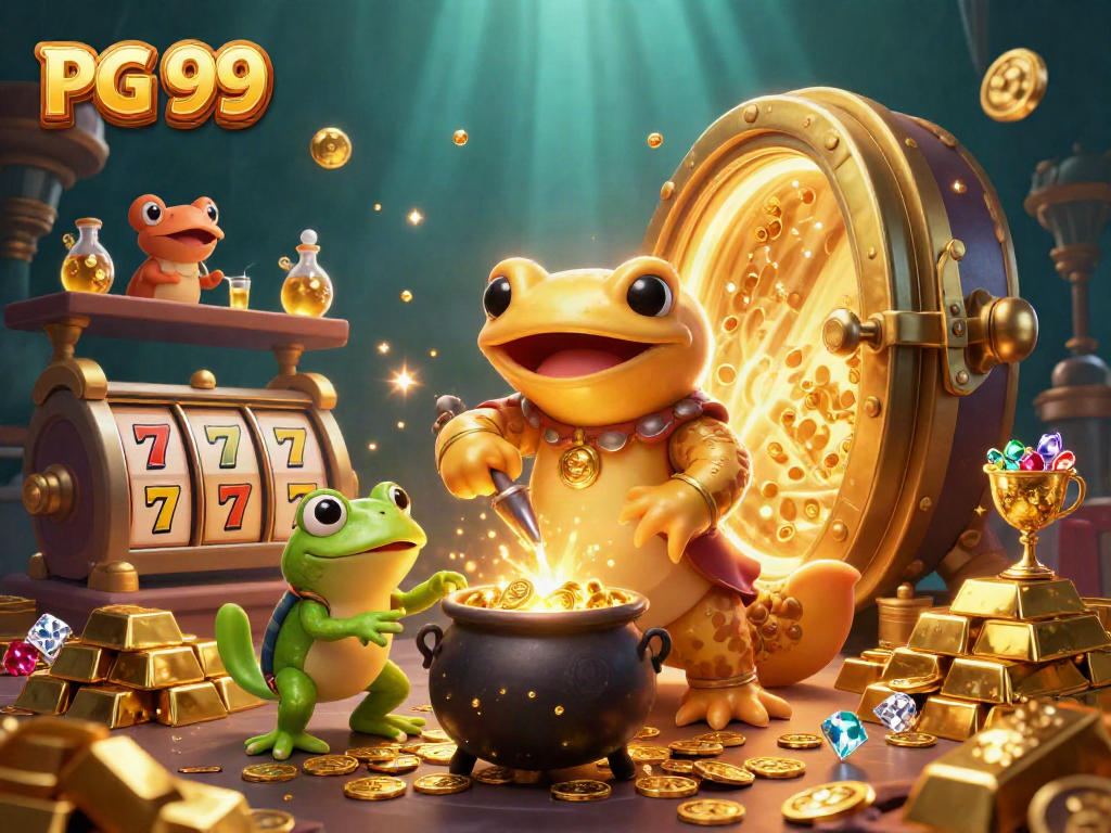 Experience PG 99's vibrant casino theme with engaging characters crafting gold coins.